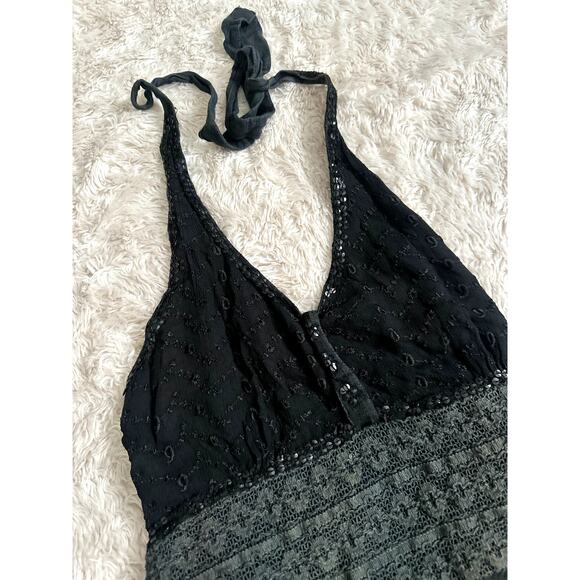 Fairy Fairycore Embroidered Handkerchief Smocked Bodice Halter Dress Mini Vneck - Picture 5 of 10